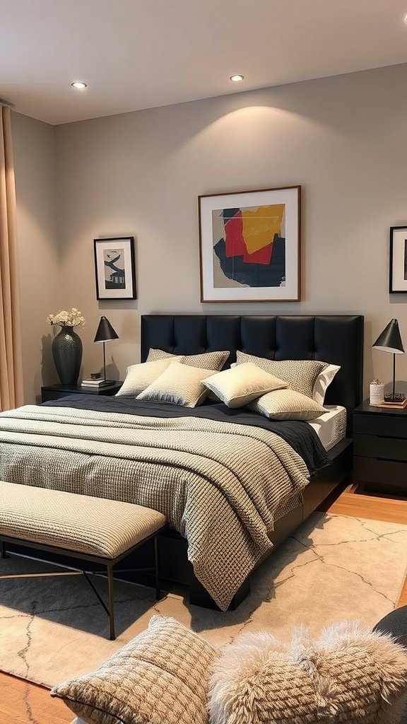A modern bedroom featuring a black bedframe, colorful artwork on the walls, and a bright orange bench.