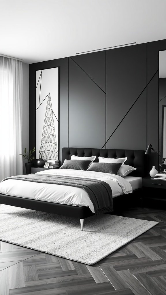 A modern bedroom featuring a black bed frame and headboard, complemented by white bedding and minimalist decor.