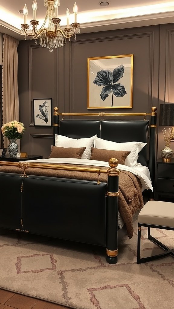 A modern bedroom featuring a black metal bed frame with soft bedding, metallic accents, and a cozy atmosphere.