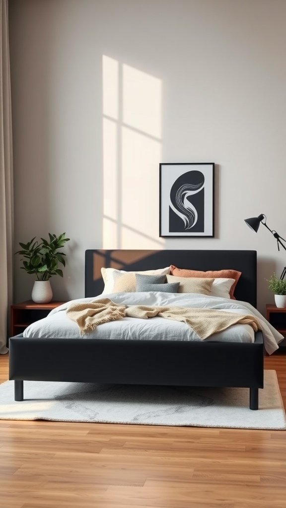 A modern bedroom featuring a black bed frame with natural wood elements, complemented by plants and neutral decor.