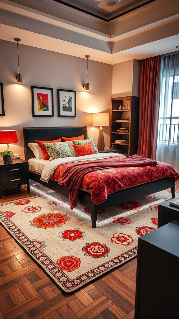 A black bed frame with vibrant pillows and blankets in a stylish bedroom setting.