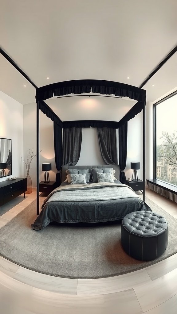 A modern bedroom featuring a black canopy bed with neutral bedding and soft lighting.