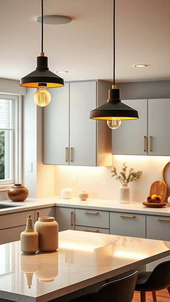 Clustered pendant lights hanging over a modern kitchen island.