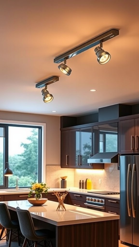 Modern kitchen with dimmable track lighting and warm colors.