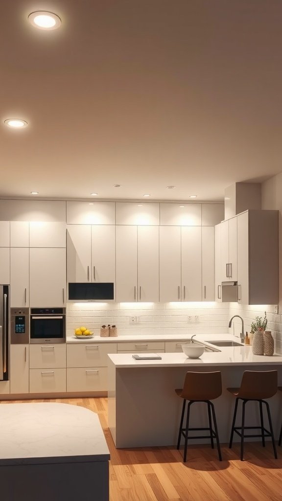 A modern kitchen featuring floating ceiling lights for soft, even illumination