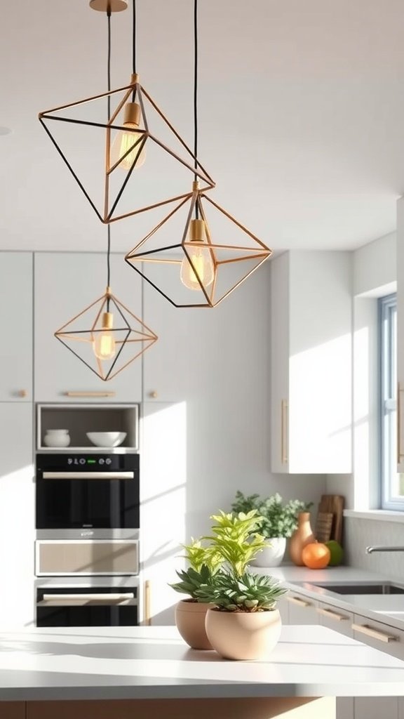 Modern kitchen with geometric pendant lights over the island