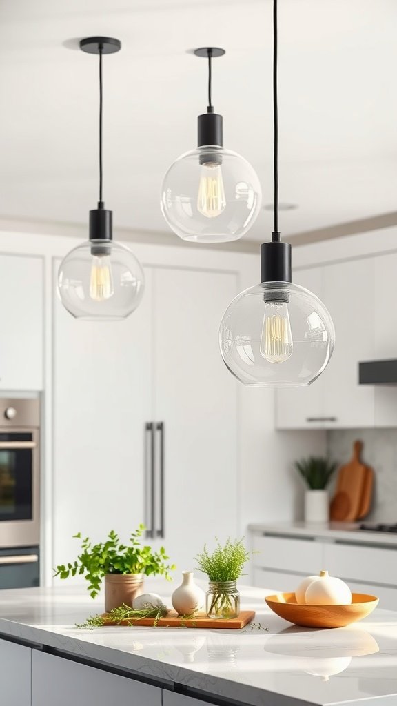 A modern kitchen showing glass globe pendant lights over a kitchen island with plants and kitchen utensils.