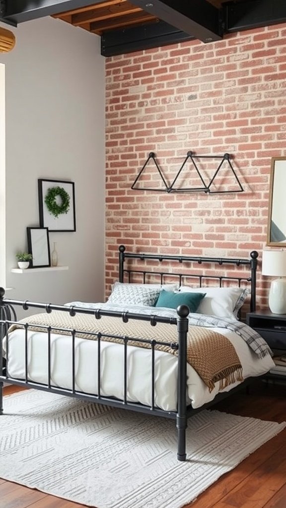 A stylish bedroom featuring a black metal bedframe against a brick wall, with neutral bedding and modern decor.