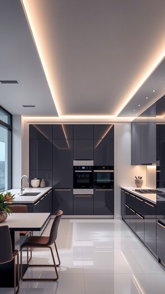 A modern kitchen with integrated cove lighting and sleek cabinets.
