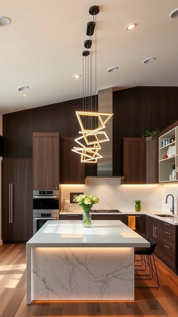 A modern kitchen featuring a linear chandelier above the island, with warm wooden cabinetry and sleek countertops.