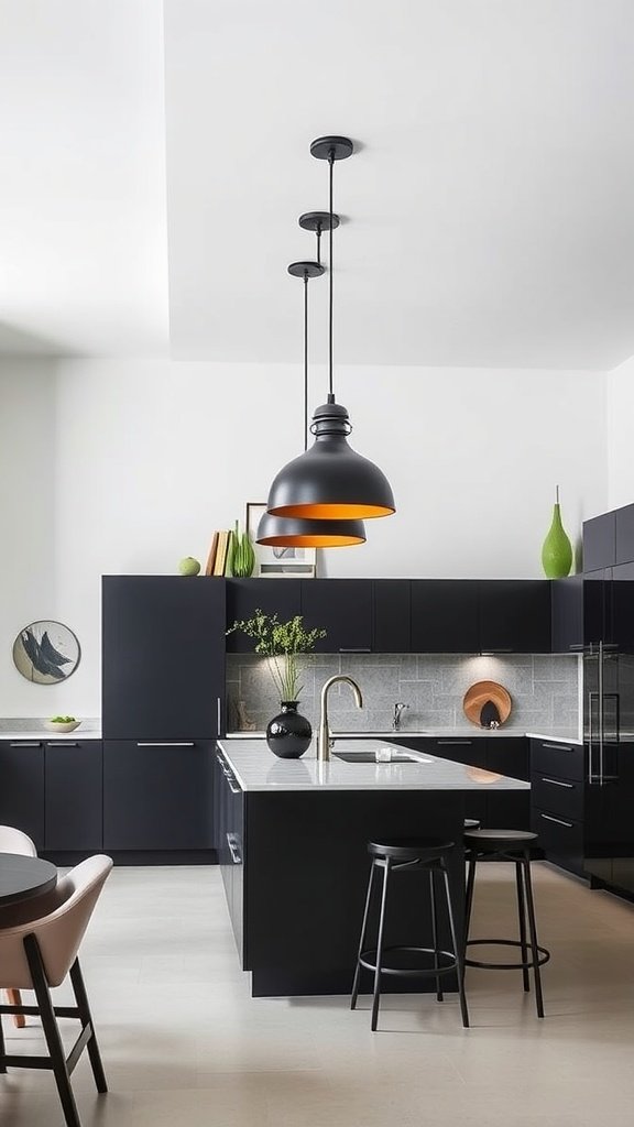 Modern kitchen featuring matte black pendant lights over a kitchen island with black cabinets and wooden accents.