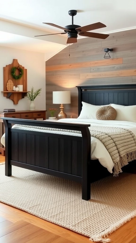 Modern farmhouse bedroom featuring a black bed frame, wooden accents, and soft textiles