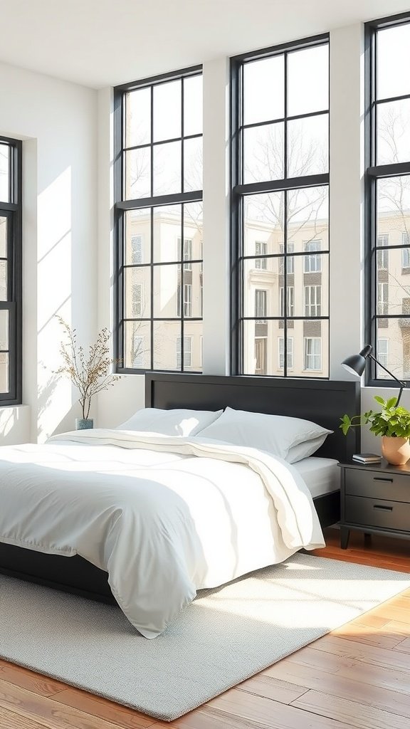 A minimalist bedroom featuring a sleek black bed frame, bright natural light, and simple decor.