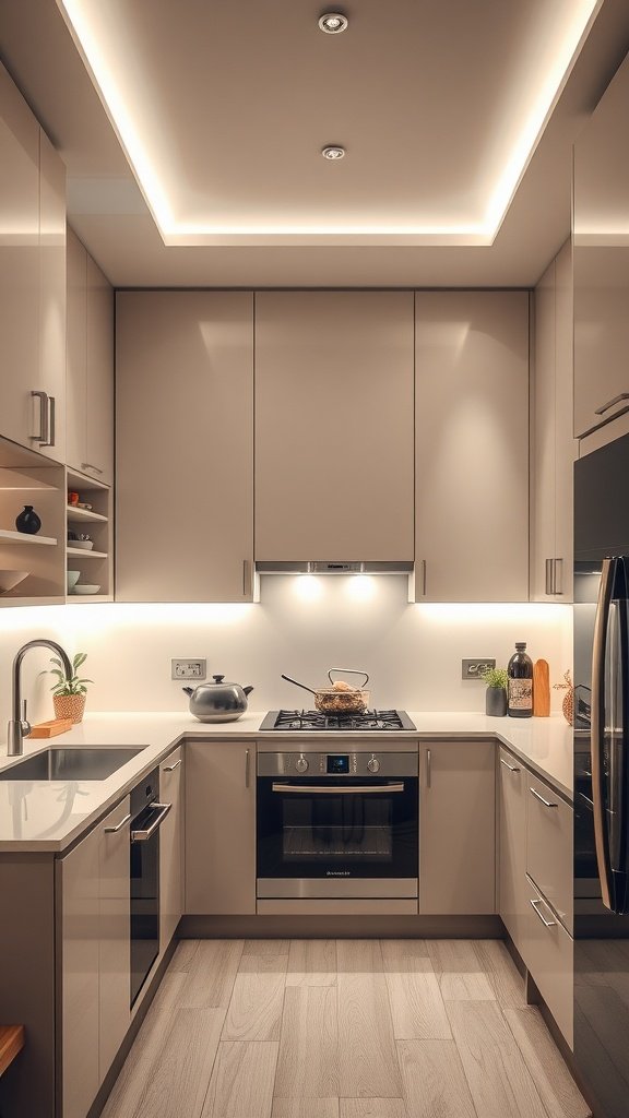 A modern kitchen with sleek LED strip lighting and a contemporary design