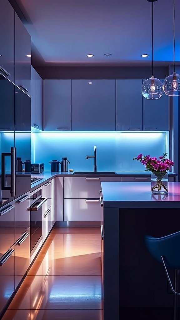 Modern kitchen with smart RGB lighting, showcasing a sleek design and pendant lights over the kitchen island.