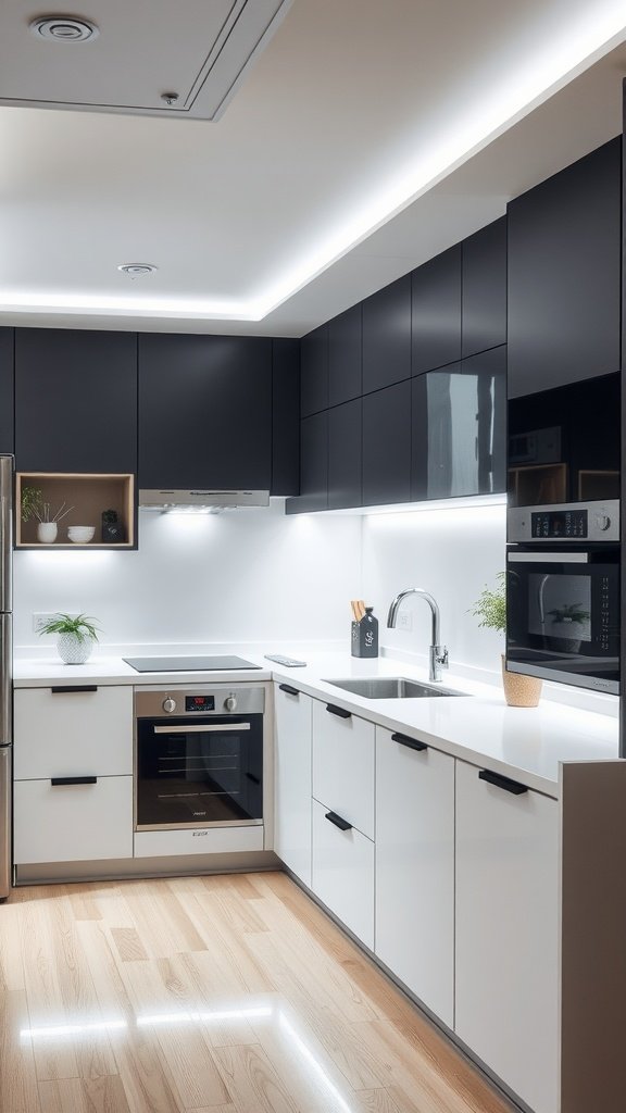A modern kitchen featuring under-cabinet LED lighting and sleek black and white cabinetry.